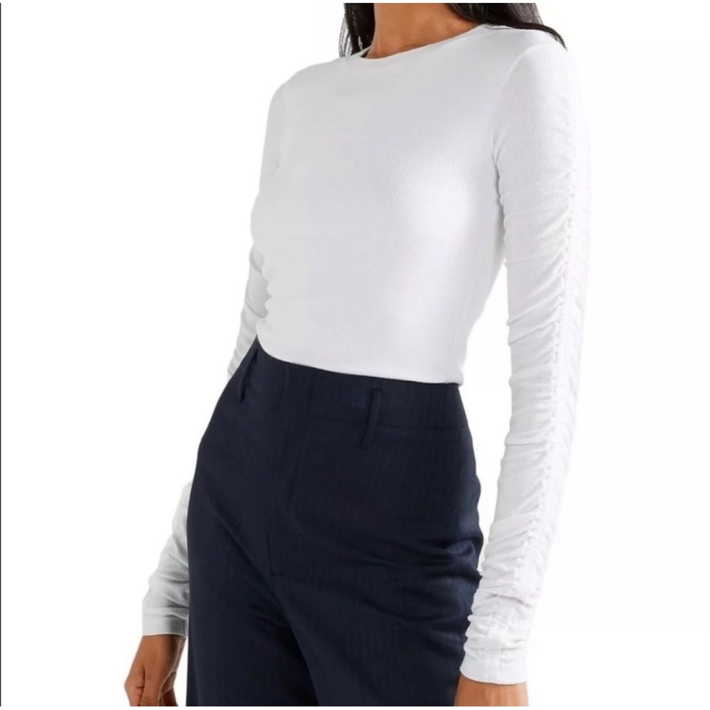 Veronica Beard Jeans Delara Ribbed Top White Ruched Long Sleeve - Small